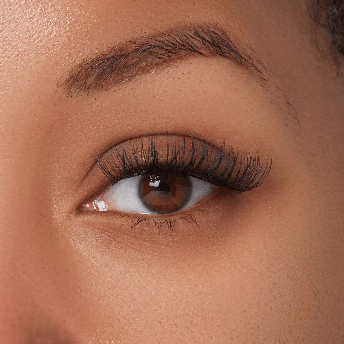 Close-up of eye with full lashes, brown iris, natural makeup, dewy skin