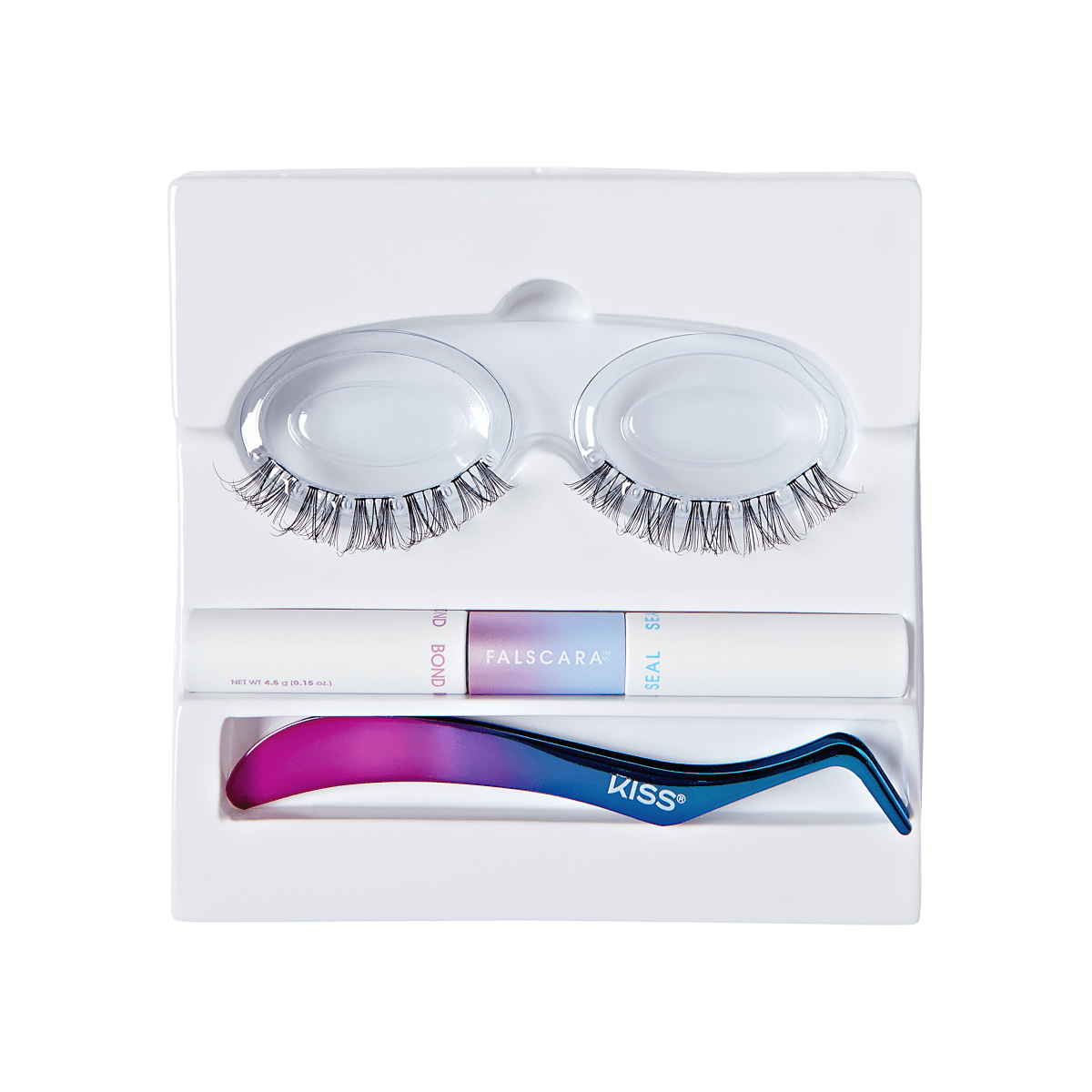 KISS false eyelashes kit with mascara, applicator, and lash case