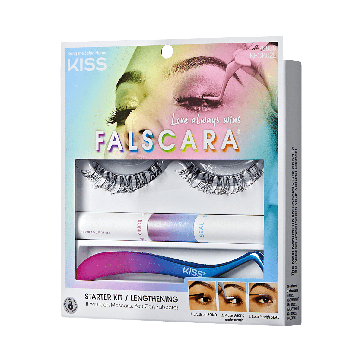 KISS Falscara Starter Kit with false lashes, adhesive, and applicator tool.