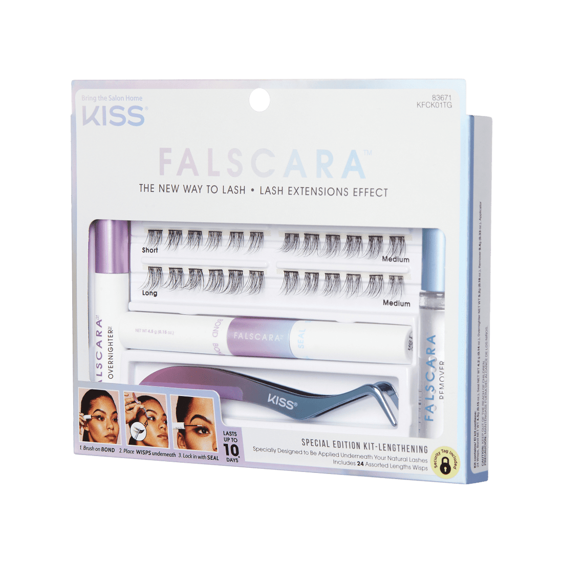 Package of Falscara DIY Eyelash extension starter kit includes 24 lash wisps, eyelash applicator, lash bond and seal and remover