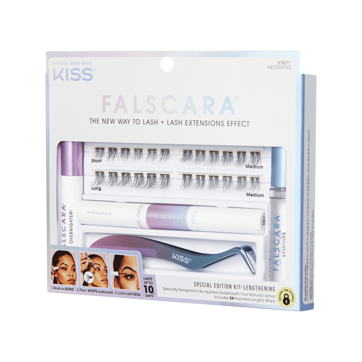 Package of Falscara DIY Eyelash extension starter kit includes 24 lash wisps, eyelash applicator, lash bond and seal and remover