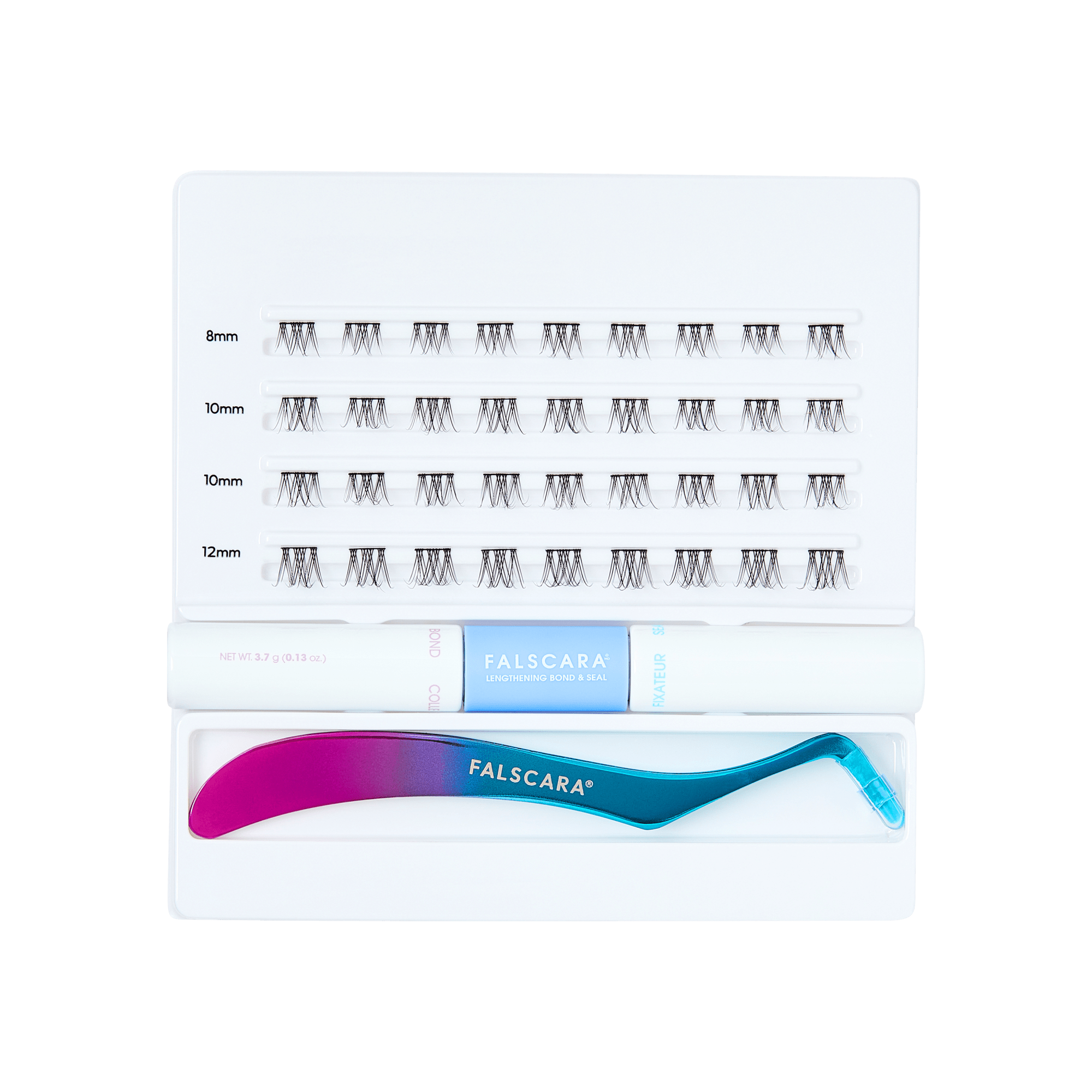 Eyelash extension kit with a pair of tweezers on a green background