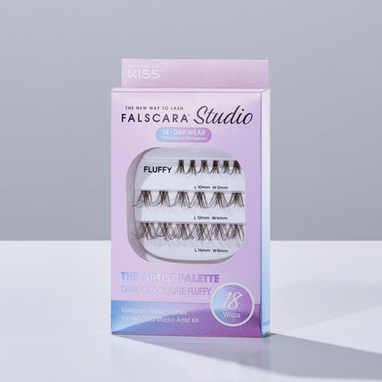 A package of Falscara Studio Palette lashes in "Dark Chocolate Fluffy". Each box contains 18 lash wisps with 3 different lash lengths to create a cusom lash look.