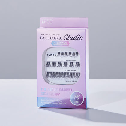 A package of Falscara Studio Palette lashes in "Xtra Fluffy". Each box contains 18 lash wisps with 3 different lash lengths to create a cusom lash look.