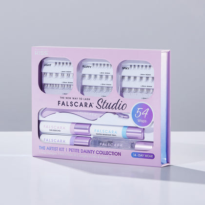 Packaging for Falscara Studio Palette Petite Dainty Collection false lashes. Package includes false lashes and lash products for long lasting wear and application.