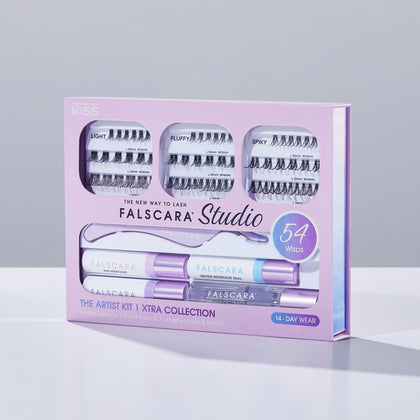 Packaging for Falscara Studio Palette Xtra Collection false lashes. Package includes false lashes and lash products for long lasting wear and application.
