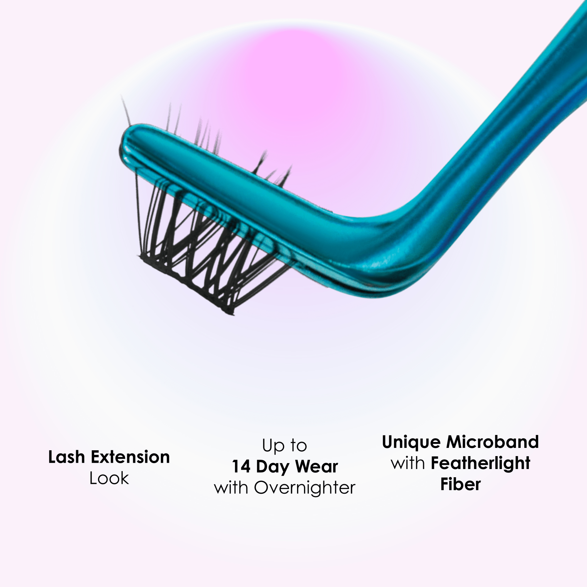 Teal lash extension tool with text on a light purple background