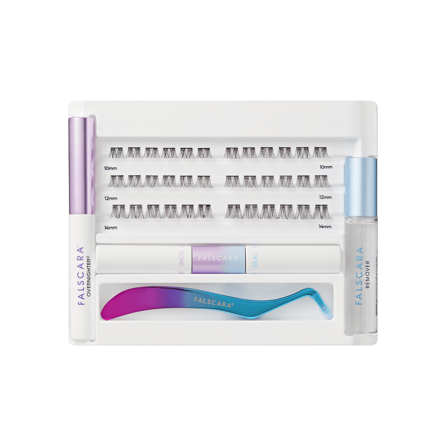 Falscara false eyelash packaging with lashes and tools on a green background