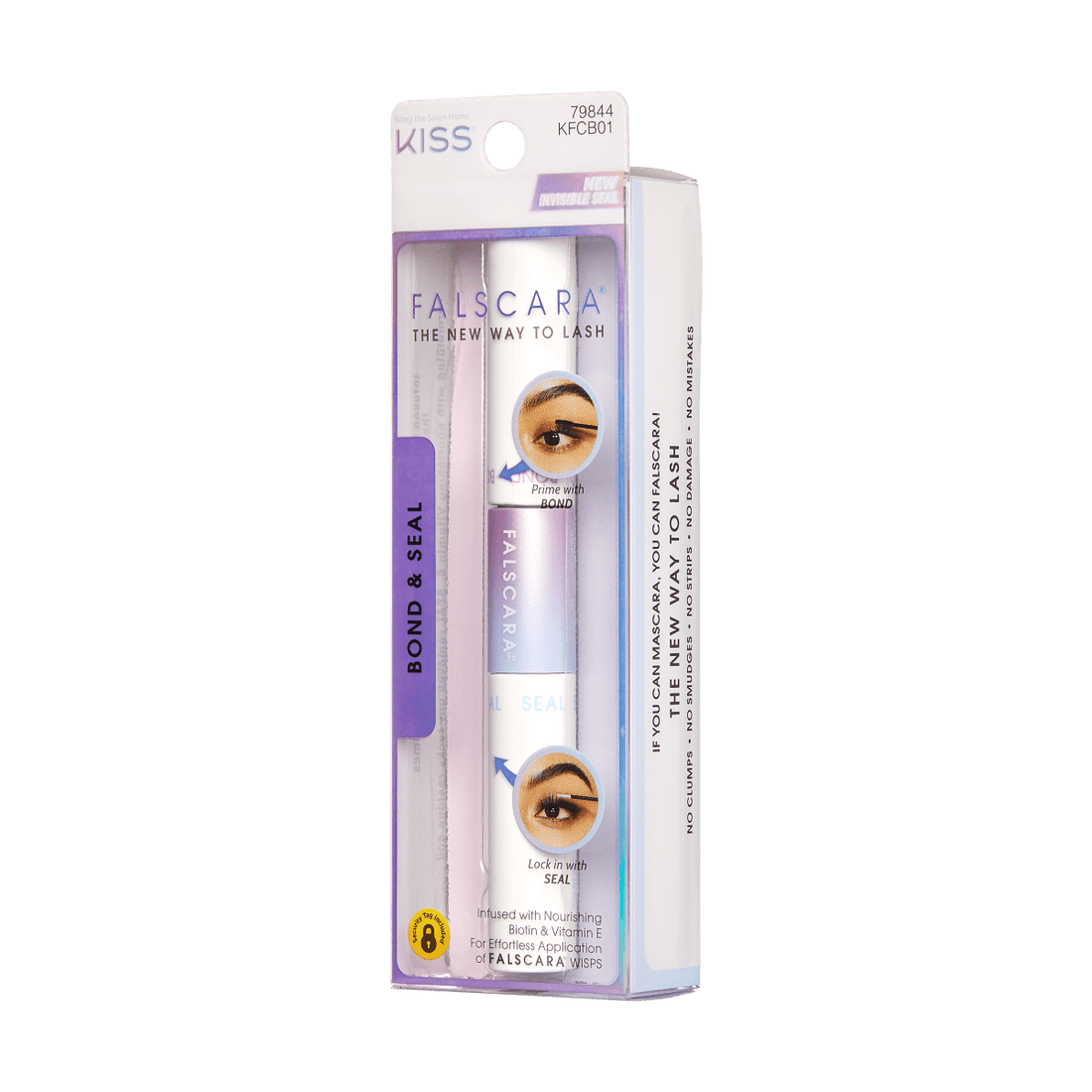 Packaging for Falscara Bond &amp; Seal. the two sided mascara like wand has duel usage - one side cleans and preps natural lashes while the other side bonds false lashes to natural lashes. 