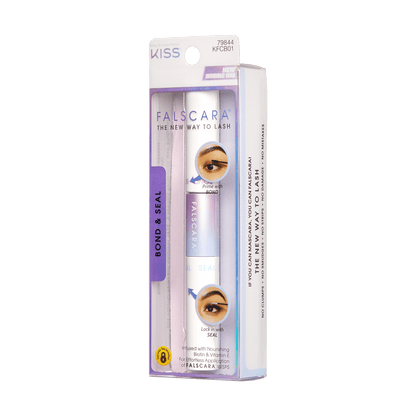 Packaging for Falscara Bond &amp; Seal. the two sided mascara like wand has duel usage - one side cleans and preps natural lashes while the other side bonds false lashes to natural lashes. 