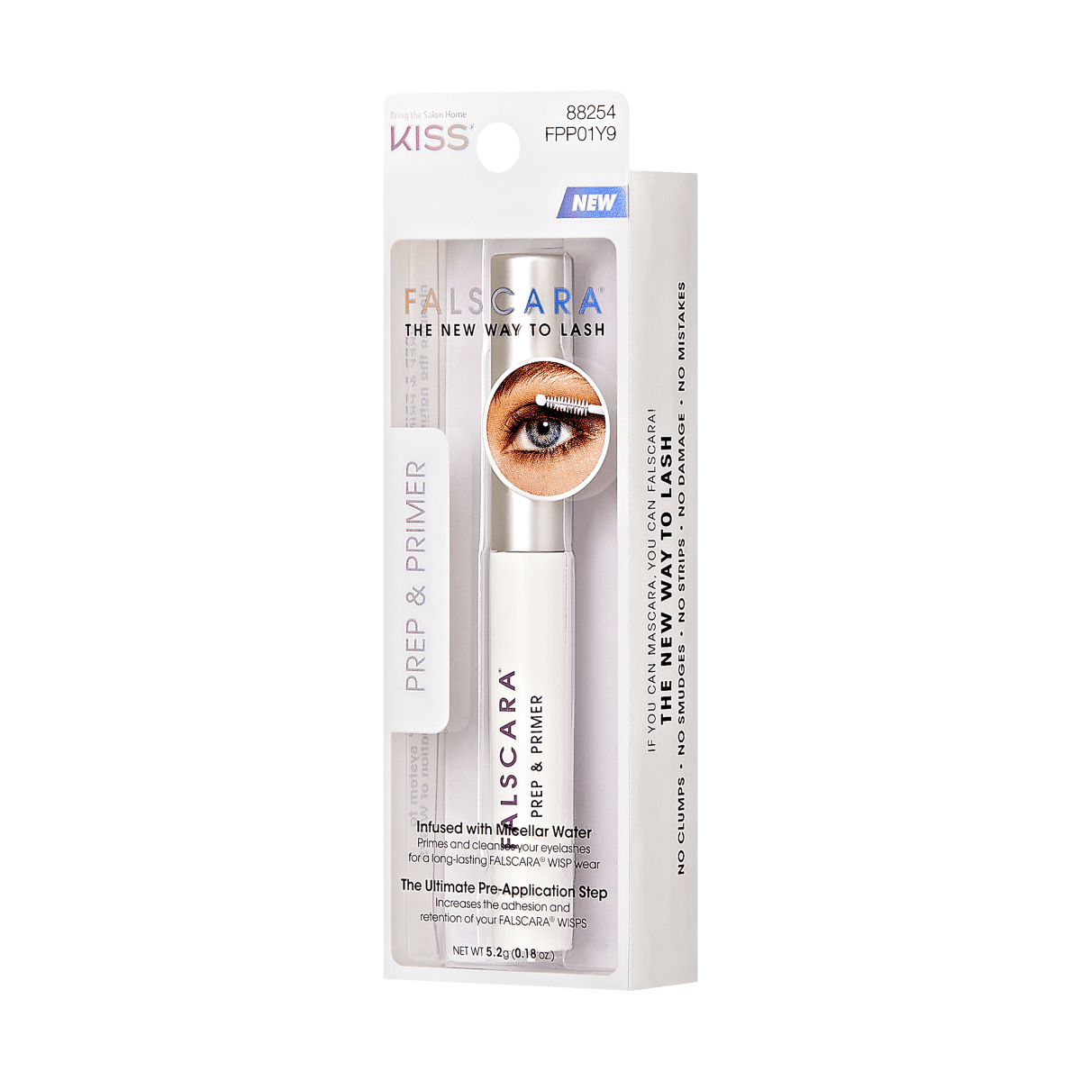 Packaging for Falscara Prep &amp;amp; Primer. Primer is used with Micellar Water as the first step to clean and prep your natural lashes for false lash application.