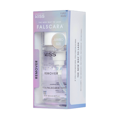 Packaging for Falscara lash remover. Infused with soothing rosewater to gently remove false lashes and eye makeup while nourishing the eye area.