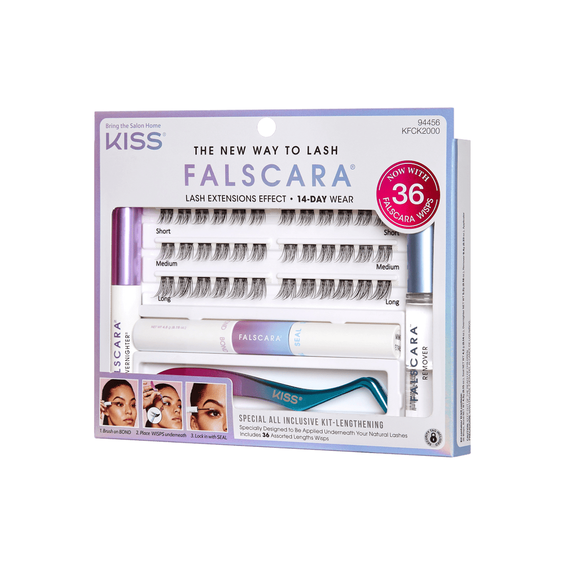 Packaging for Falscara starter pack. Pack includes false lash clusters, bond and seal and lash applicator. 