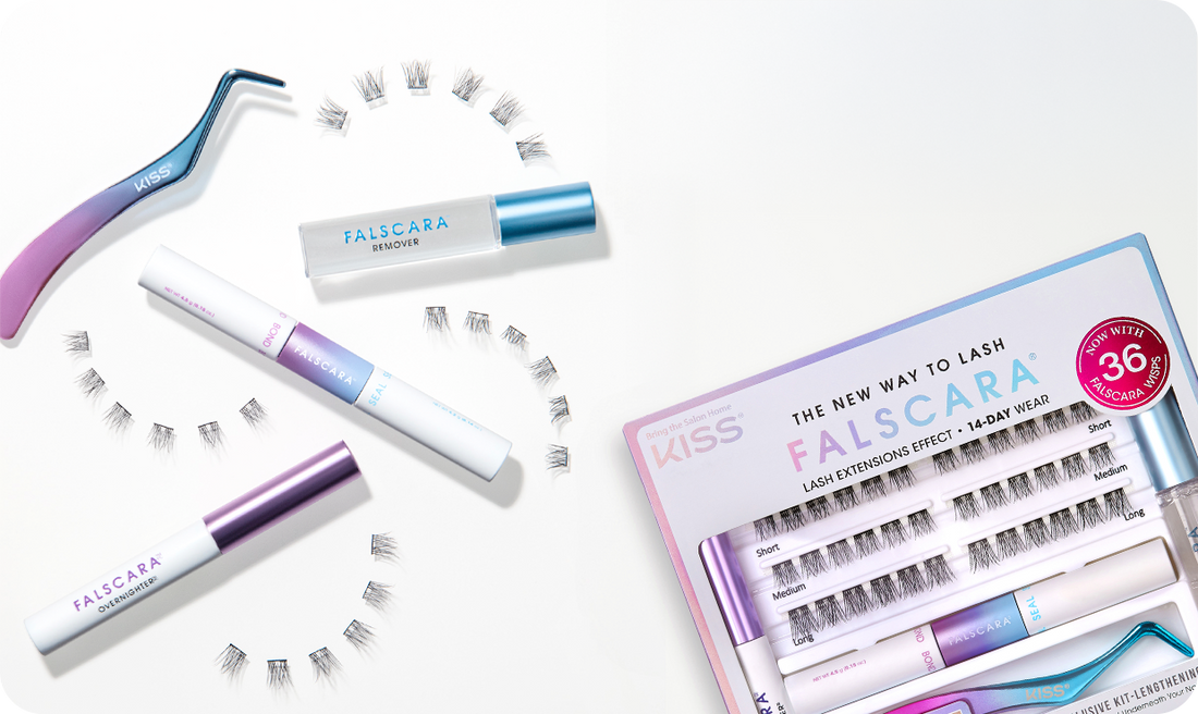 KISS Falscara lash extension kit with remover, applicator, and individual lashes displayed.