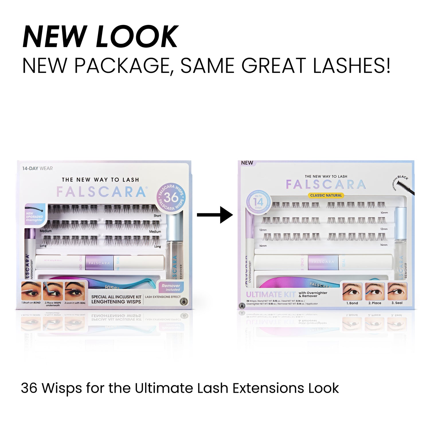 Comparison of Falscara lash extensions packaging with text &