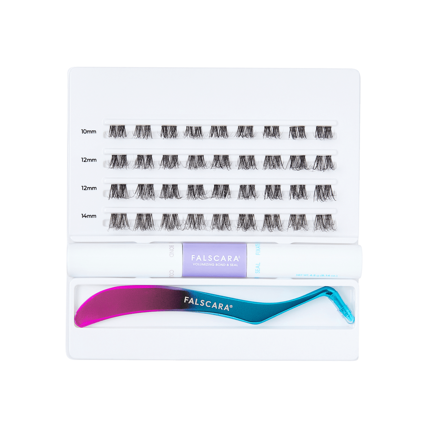 Falscara eyelash extension kit with tweezers on a white background