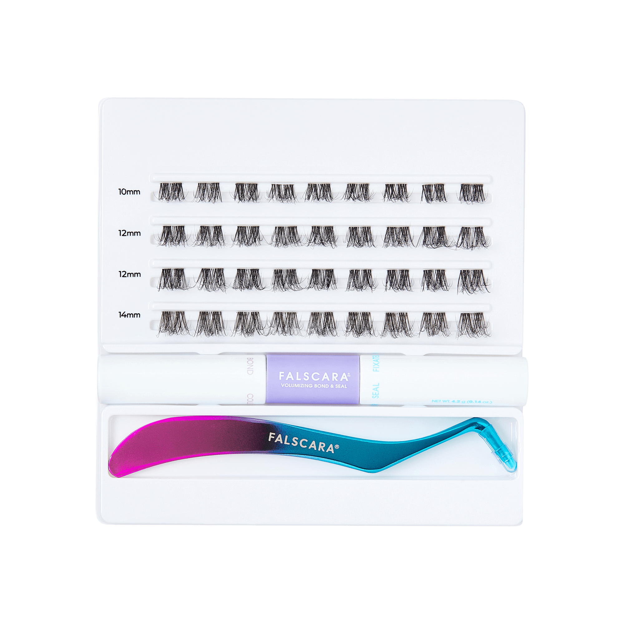 Falscara eyelash extension kit with tweezers on a white background