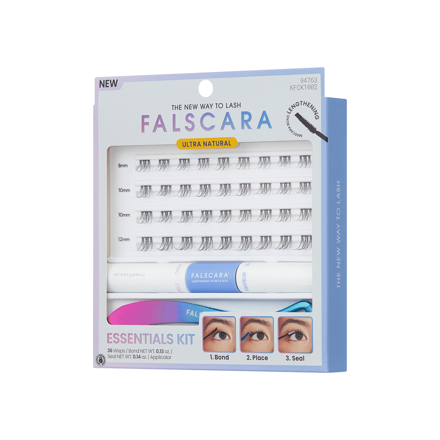 Falscara eyelash extension kit packaging on a green background