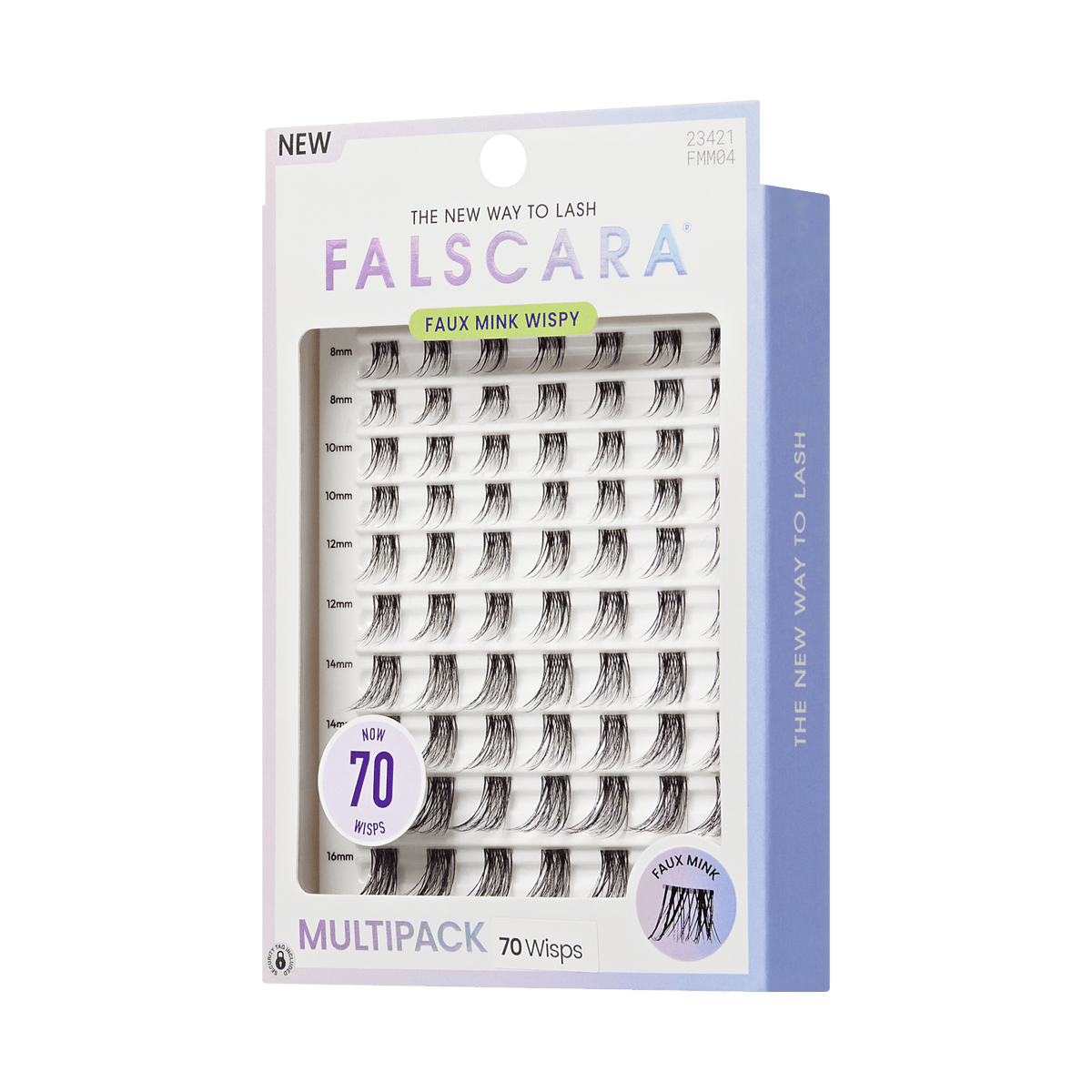 Falscara New Fake Mink Wispy Multipack 70 Wilps false eyelash tray in a white and light purple box, shown against a solid green background.