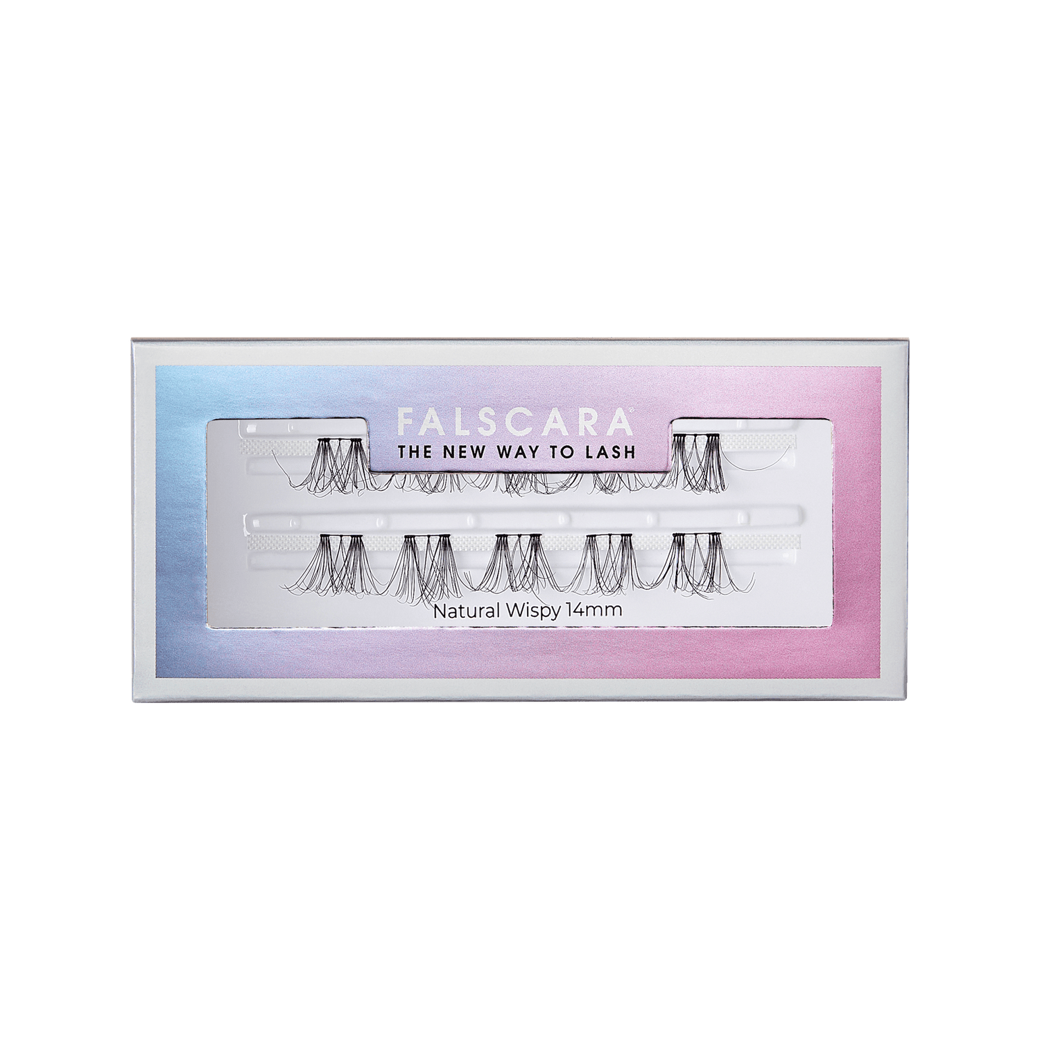 FALSCARA Natural Wispy 14mm lash clusters in packaging with gradient blue-pink background