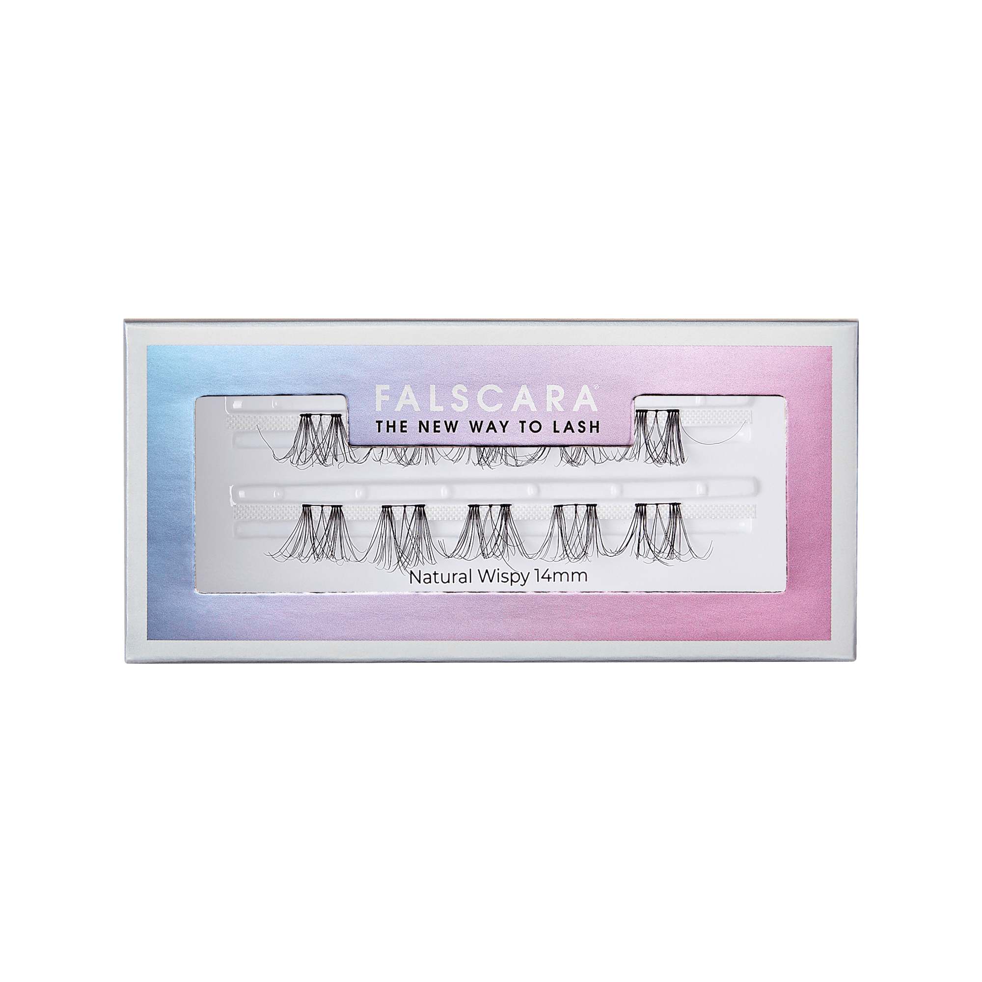 FALSCARA Natural Wispy 14mm lash clusters in packaging with gradient blue-pink background