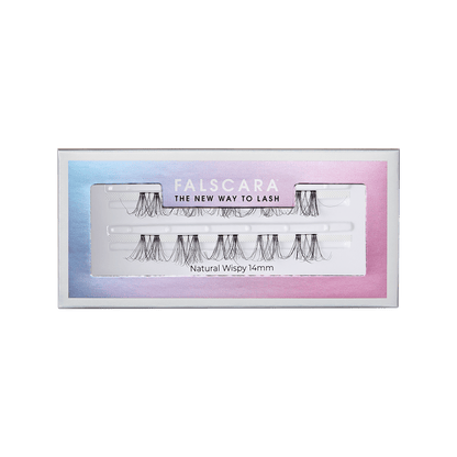 FALSCARA Natural Wispy 14mm lash clusters in packaging with gradient blue-pink background