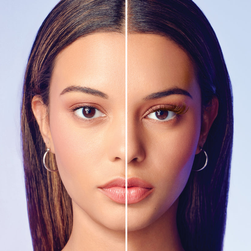 Before and after beauty comparison showing makeup application and eyelash enhancement.