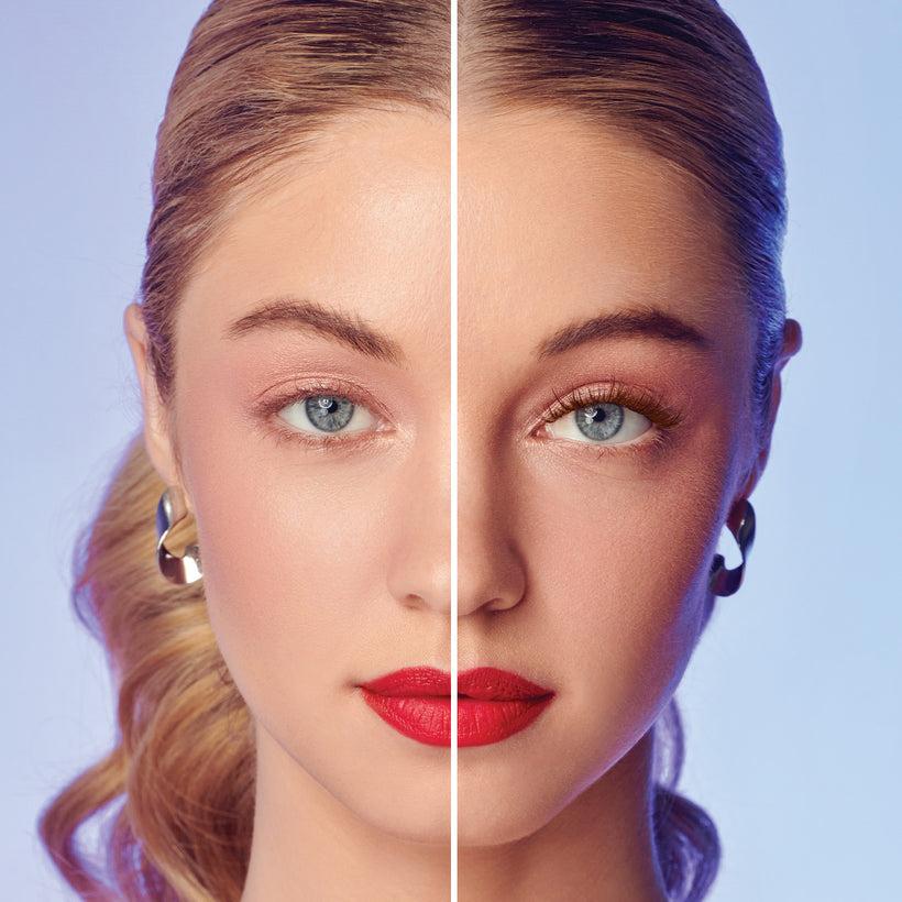 Split-face before/after makeup comparison showing mascara and lipstick application