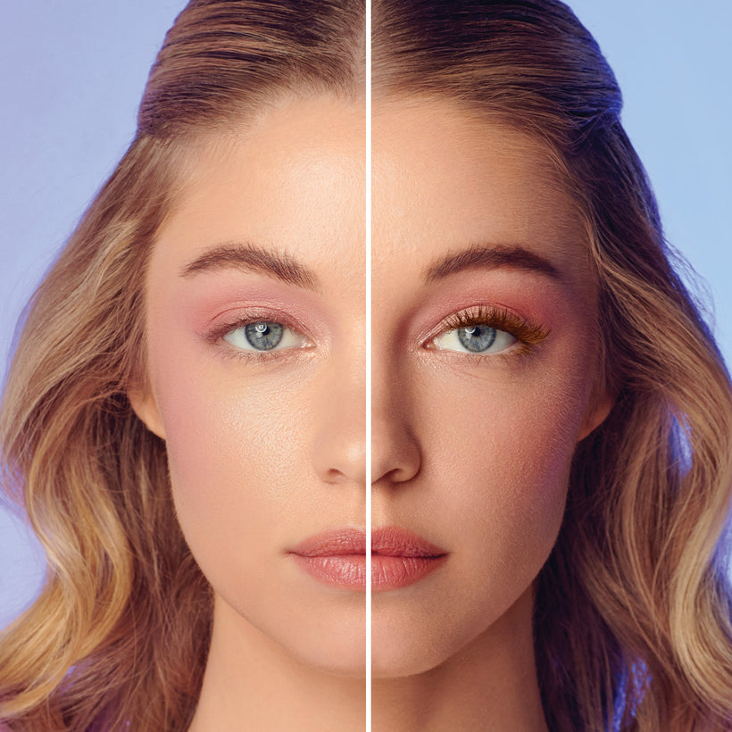 Before and after comparison of makeup with enhanced lashes and warm tones.