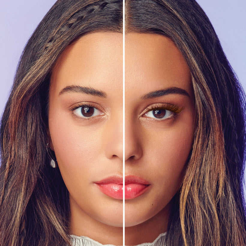 Before and after makeup comparison showing enhanced eyeshadow and lip color application.