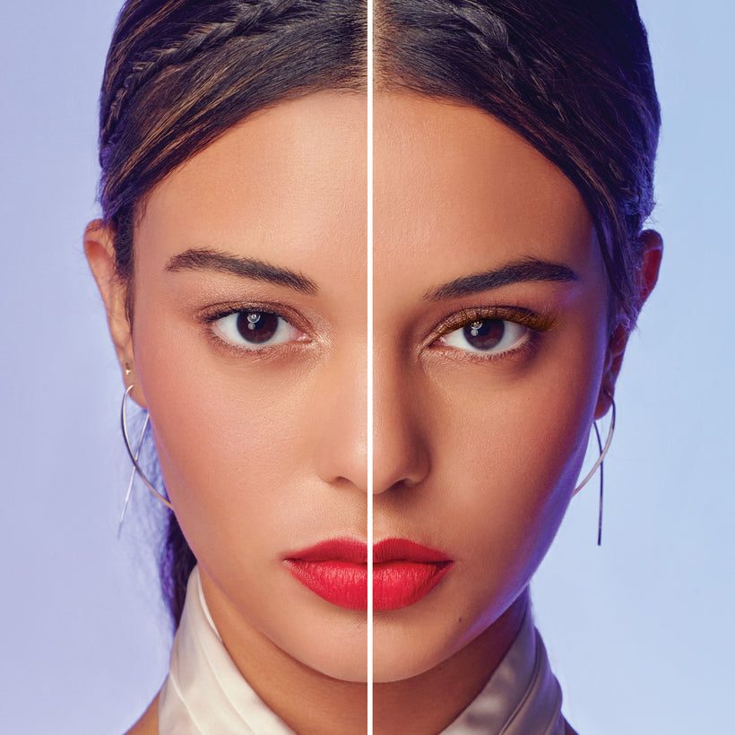 Before and after beauty comparison showing makeup application with bronzed eyeshadow and red lipstick.