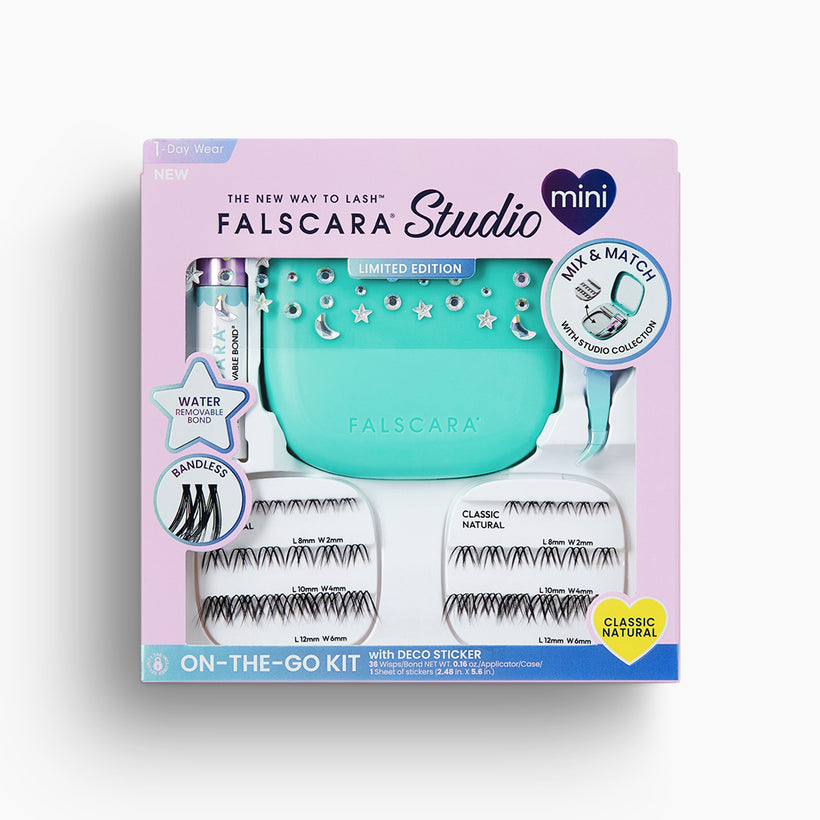 Falscara Studio on-the-go lash kit packaging with lashes and applicator on a light purple background