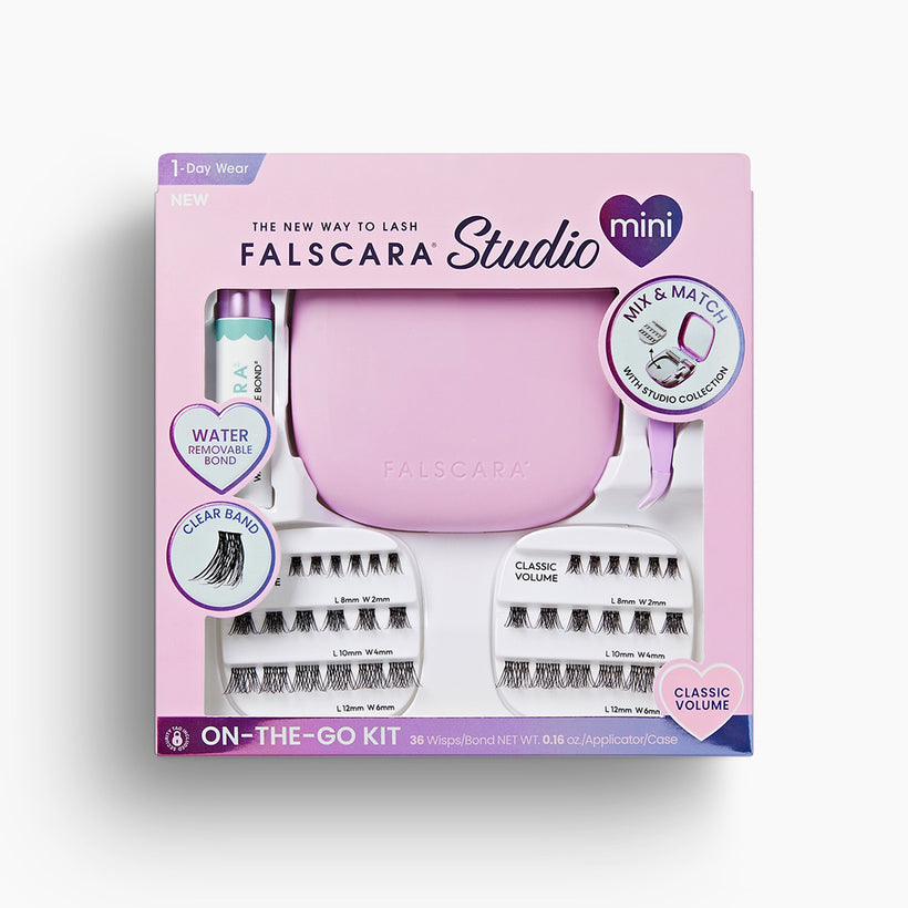 Falsacara Studio Mini On-The-Go Kit with false lashes, applicator, and pink case