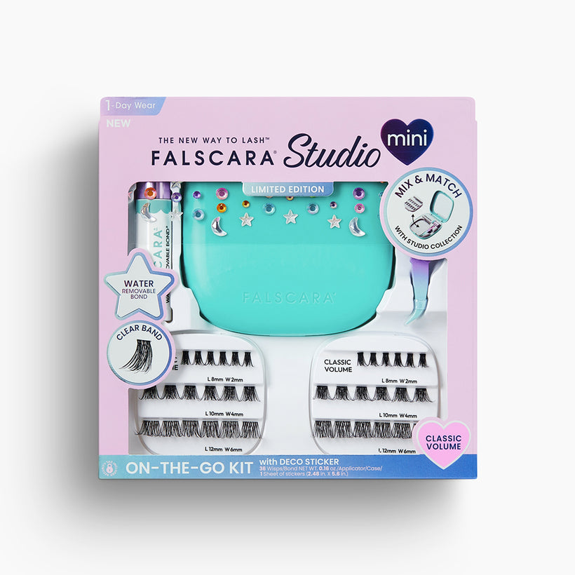 Falscara Studio mini on-the-go kit packaging with lashes and tools on a white background