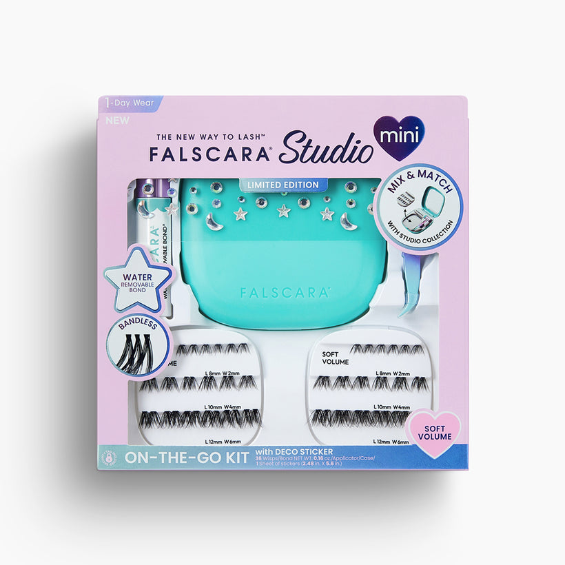 Falscara Studio mini on-the-go lash kit packaging with teal applicator and false eyelashes.
