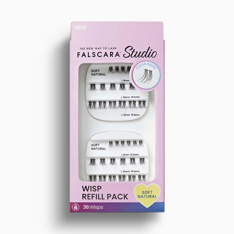 Falscara Studio Wisp Refill Pack with 36 soft natural lashes in various sizes.