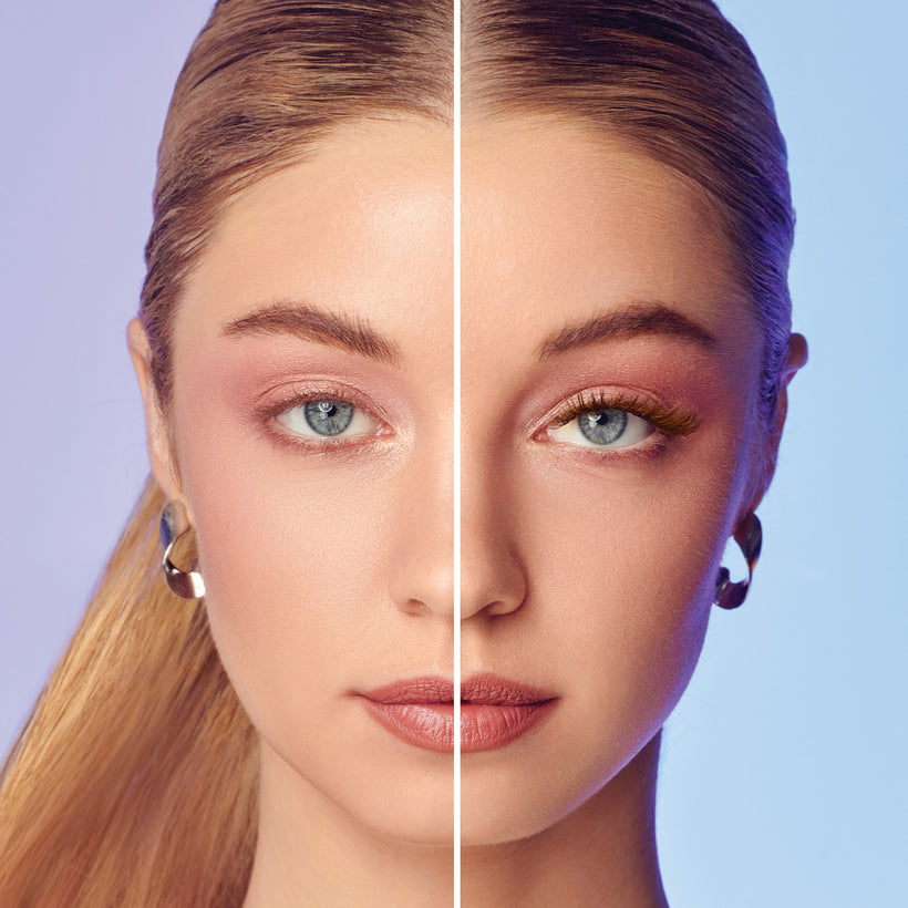 Before and after makeup comparison showing enhanced eyelashes and eye definition.