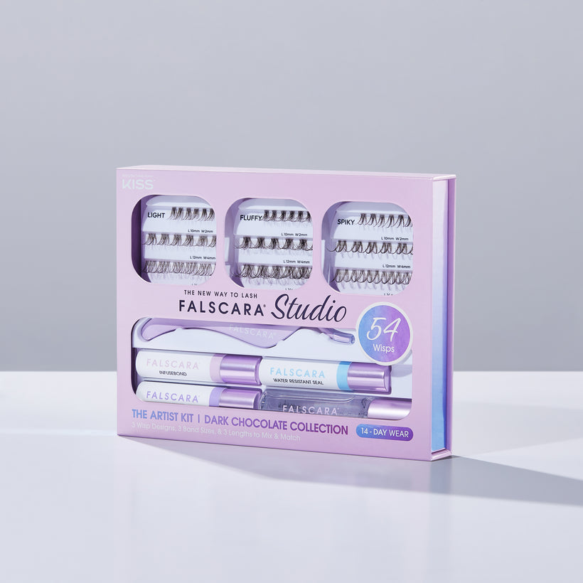 KISS Falscara Studio Artist Kit with false lashes, applicator, and adhesive in Dark Chocolate Collection