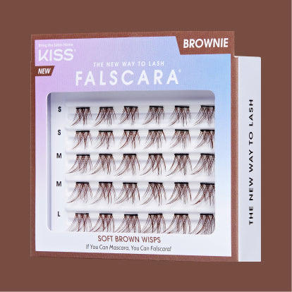 Falscara Brownie false lashes in soft brown wisps, multiple sizes displayed.