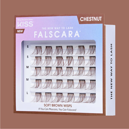 Falscara Soft Brown Wisps lash clusters in Chestnut shade with size options displayed.