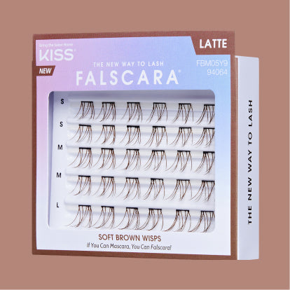 Falscara Latte brown wisp false lashes in multiple sizes displayed on packaging.