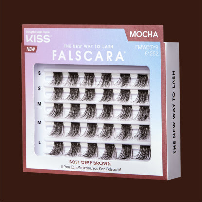 Falscara mocha lash kit with brown wisps, multiple lash strips arranged by size.