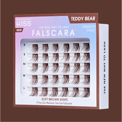 Teddy Bear Falscara false lashes pack with soft brown wisps in multiple sizes.