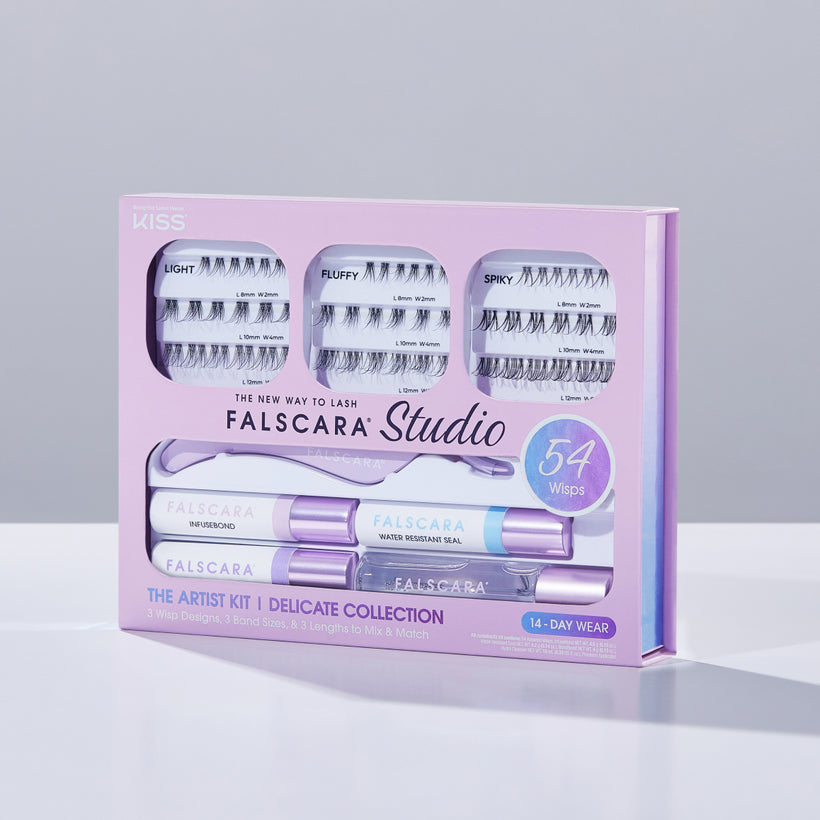 Packaging for a starter pack of Falscara Studio lashes Delicate collection. Includes all of the lash products and tools needed for up to 14 days of wear.