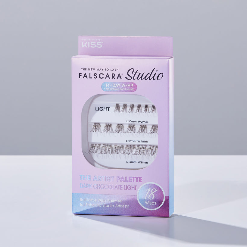 A package of Falscara Studio Palette lashes in "Dark Chocolate Light". Package includes 18 lash clusters in dark chocolate brown color. 