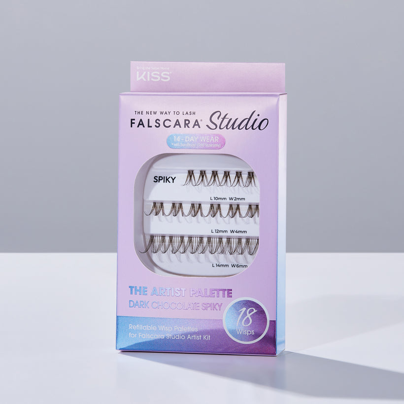 A box of Falscara Studio lashes in "Dark Chocolate Spiky". Box includes 18 individual lash wisps in 3 different lengths so you can create your own custom lash look. 
