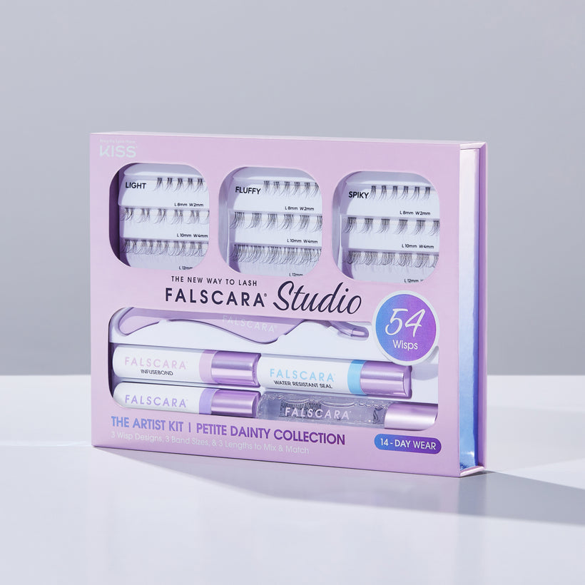 Packaging for Falscara Studio Palette Petite Dainty Collection false lashes. Package includes false lashes and lash products for long lasting wear and application. 