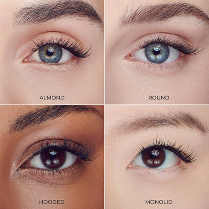 Close-up grid of four eyes with 36 lengthening lash wisps applied, labeled Almond, Round, Hooded, and Monolid, showcasing different eye shapes.