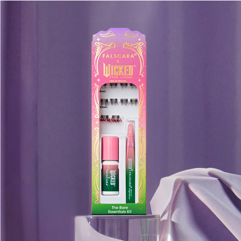 Falscara x Wicked For Good lash kit with mascara and applicator on purple background