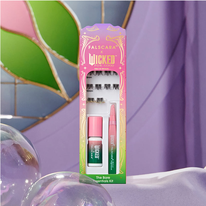 Falscara Wicked For Good lash kit with mascara and applicator on pink packaging.